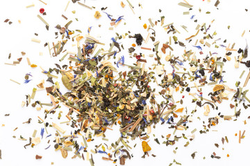 Herbal tea on a white background. Top view.