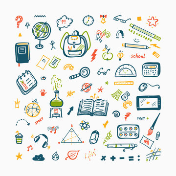 Hand Drawn Doodle School Supplies Icons Vector Set. Education Design Elements Collection. Back to School