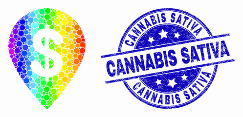 Pixelated rainbow gradiented dollar map marker mosaic icon and Cannabis Sativa seal stamp. Blue vector round distress seal stamp with Cannabis Sativa message. Vector collage in flat style.