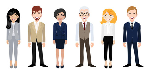 Happy workplace with smiling men and women cartoon character in office clothes design vector