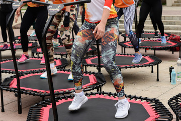 Trampoline training on the street. Orenburg, Russia, 02.08.19. sports performances, jumps. Outdoor fitness training.