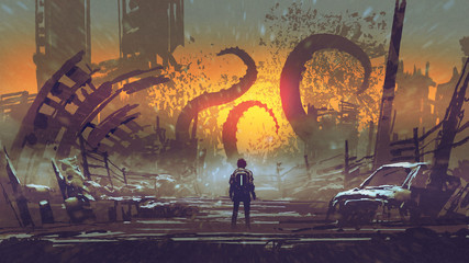 man looking at a tentacle monster that destroys the city, digital art style, illustration painting © grandfailure