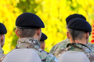 Naklejka premium Soldiers of the Ukrainian army during the parade in the fall. The army of Ukraine, the armed forces of Ukraine, Ukrainian war, conflict, autumn