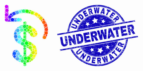 Pixel spectral dollar refund mosaic pictogram and Underwater seal stamp. Blue vector round scratched watermark with Underwater message. Vector combination in flat style.