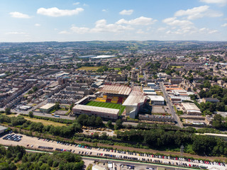 Aerial photo of the British West Yorkshire town of Bradford, showing a typical housing estate in the heart of the city, taken with a drone on a bright sunny day