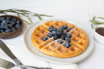 Belgian Waffle with Blueberries and Maple Syrup, Dusted with Powdered Sugar, Flay Lay on White Background, Copy Space