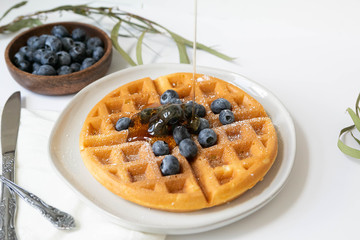 Maple Syrup pouring on Belgian waffle with blueberries, Dusted with Powdered Sugar, White Background, Copy Space
