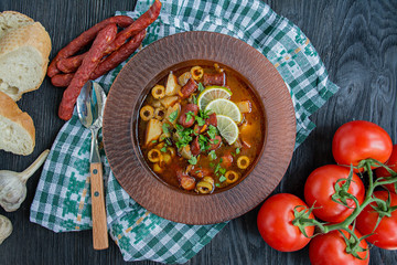 Classic meat team hodgepodge with smoked meat.Saltwort. Space for text.