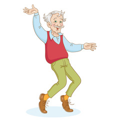 Cheerful grandfather is dancing.  In cartoon style. Isolated on white background.