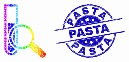 Pixelated rainbow gradiented explore test-tube mosaic pictogram and Pasta seal stamp. Blue vector rounded grunge seal stamp with Pasta text. Vector composition in flat style.