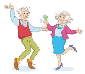 Cheerful grandmother and grandfather are dancing together.  In cartoon style. Isolated on white background.