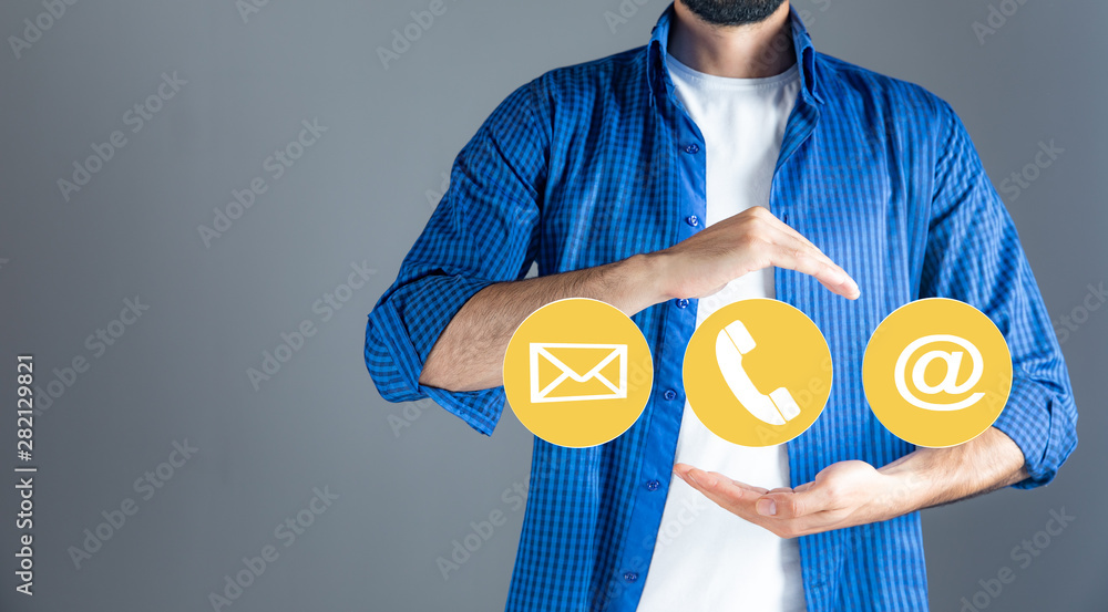 Poster man hand mail as a contact method in screen