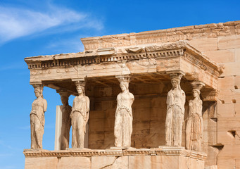 Porch of the Caryatids at Erechtheion Greek temple on the north side of the Acropolis of Athens,...