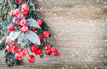 Christmas wreath from red berries, a fur-tree and cones.