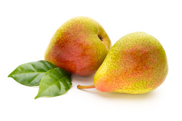 Fresh bio pear with leaves on isolated white background.