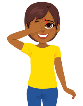 Beautiful young African American teenager woman hiding face behind hand. Shy  face expression concept vector de Stock | Adobe Stock