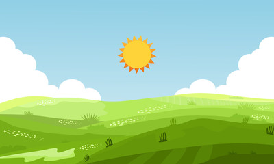 Fototapeta premium Mountain view illustration of summer landscape with fields and green hills. vector design