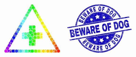 Obraz premium Pixel spectral medical warning triangle mosaic pictogram and Beware of Dog seal stamp. Blue vector rounded grunge seal stamp with Beware of Dog title. Vector collage in flat style.