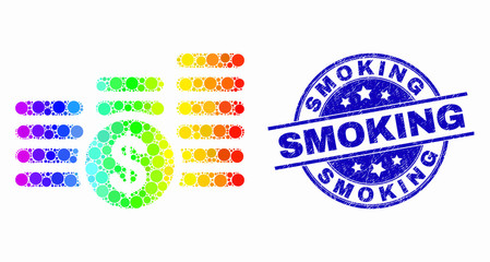 Dot spectrum dollar coin stacks mosaic pictogram and Smoking stamp. Blue vector rounded grunge seal stamp with Smoking text. Vector combination in flat style.