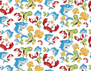 Cartoon summer seamless pattern with sea animals fish crabs shark turtles vector