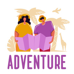 Couple of young people, man and woman with backpacks traveling on holiday trip.Looking the map to find new adventures.Vacation tropical background.Vector illustration with flat cartoon characters.
