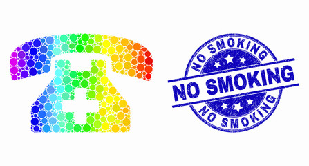 Pixel rainbow gradiented medical phone mosaic icon and No Smoking seal stamp. Blue vector rounded scratched watermark with No Smoking message. Vector combination in flat style.