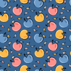 Apple Fruit Repeating Background. Seamless Pattern with Hand Drawn Doodle Apples and Leaves. Colorful Fruits Wallpaper. Healthy Summer Food Background