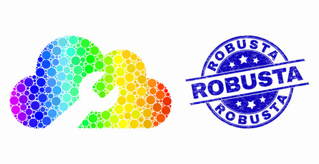 Dot spectral cloud wrench mosaic pictogram and Robusta seal stamp. Blue vector round scratched seal stamp with Robusta phrase. Vector combination in flat style.