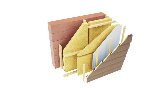 Layers of wall: bricks or blocks, mineral wool, wood structure, wooden siding or panels. 60 fps animation.