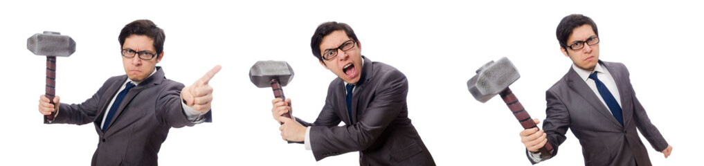 Naklejka premium Business man holding hammer isolated on white