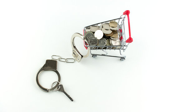 trolley from the supermarket with coins from the apartment or house, the concept of buying on credit
