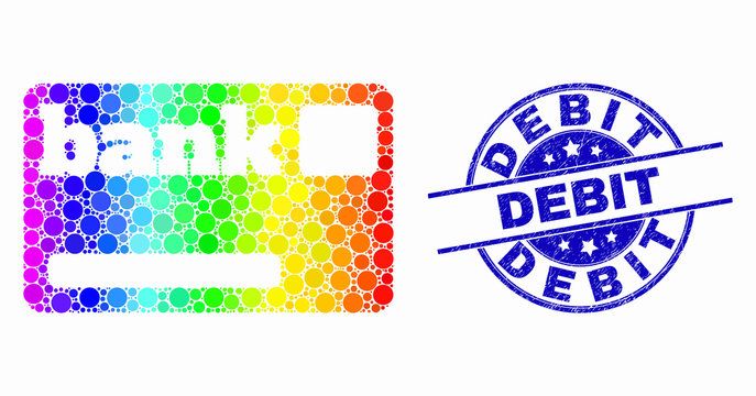 Pixel spectral bank card mosaic icon and Debit watermark. Blue vector rounded distress watermark with Debit phrase. Vector composition in flat style.
