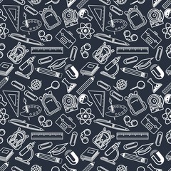 Back to school seamless pattern. Science, education objects and office supplies. Vector illustration