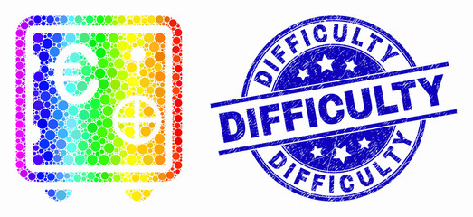 Dotted spectrum euro banking safe mosaic icon and Difficulty seal stamp. Blue vector rounded textured seal stamp with Difficulty phrase. Vector composition in flat style.