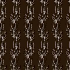 Botanical seamless pattern in vintage style. Various leaves of ferns, cones, horsetail, calamus, sow thistle, wheat grass, holly. Vector engraving black and white illustration.