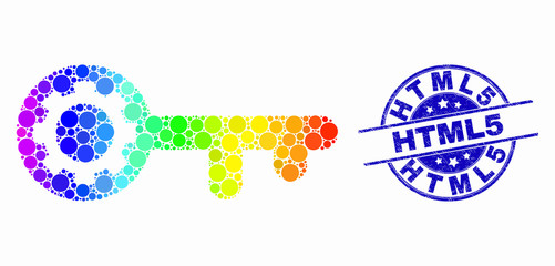 Dotted spectrum key gear mosaic pictogram and Html5 seal stamp. Blue vector rounded scratched seal stamp with Html5 phrase. Vector composition in flat style.