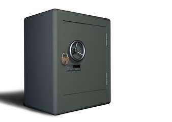 3D rendering. Modern safe on white background with digital combination lock and old rusty iron lock. Business and financial concept and humor.