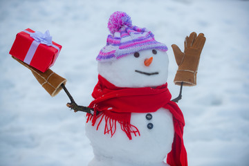 Christmas snowman with shopping bag and Christmas gift. Cute snowmen with - gift presents standing...