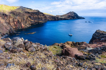Fototapeta na wymiar Aerial view of the wild beach and cliffs at Ponta de Sao Lourenco, Madeira