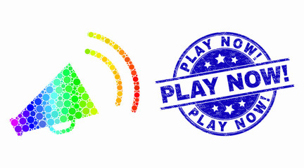 Pixelated rainbow gradiented megaphone sound mosaic icon and Play Now! stamp. Blue vector round grunge seal stamp with Play Now! caption. Vector combination in flat style.