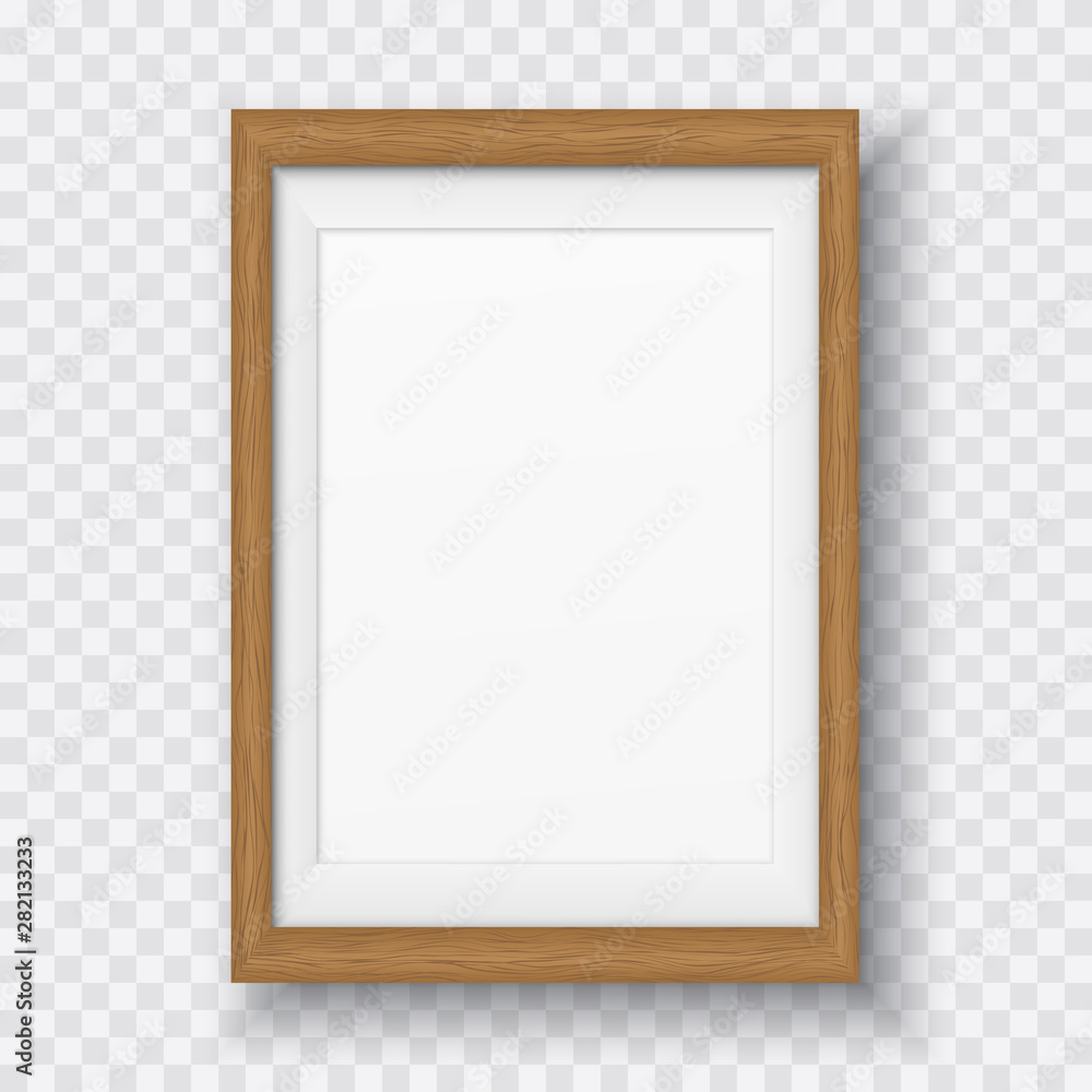 Poster brown wooden rectangle frame with soft shadow for text or picture is on squared white background