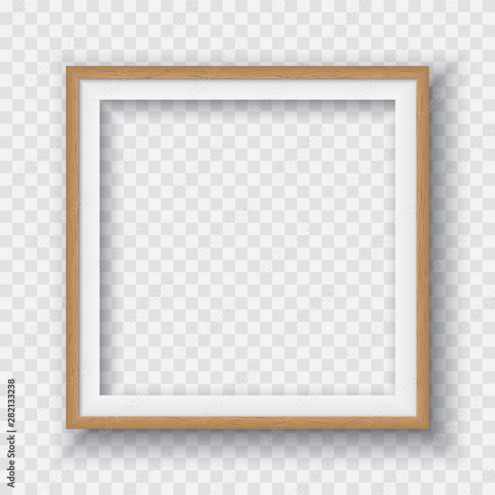 Poster brown square wooden frame with soft shadow for text or picture is on squared white background