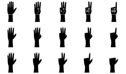Hand gestures icons set in glyph style. Palm and wrist. One, two, three, four, five fingers vector illustration on a white background