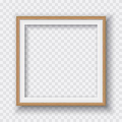 Brown square wooden frame with soft shadow for text or picture is on squared white background