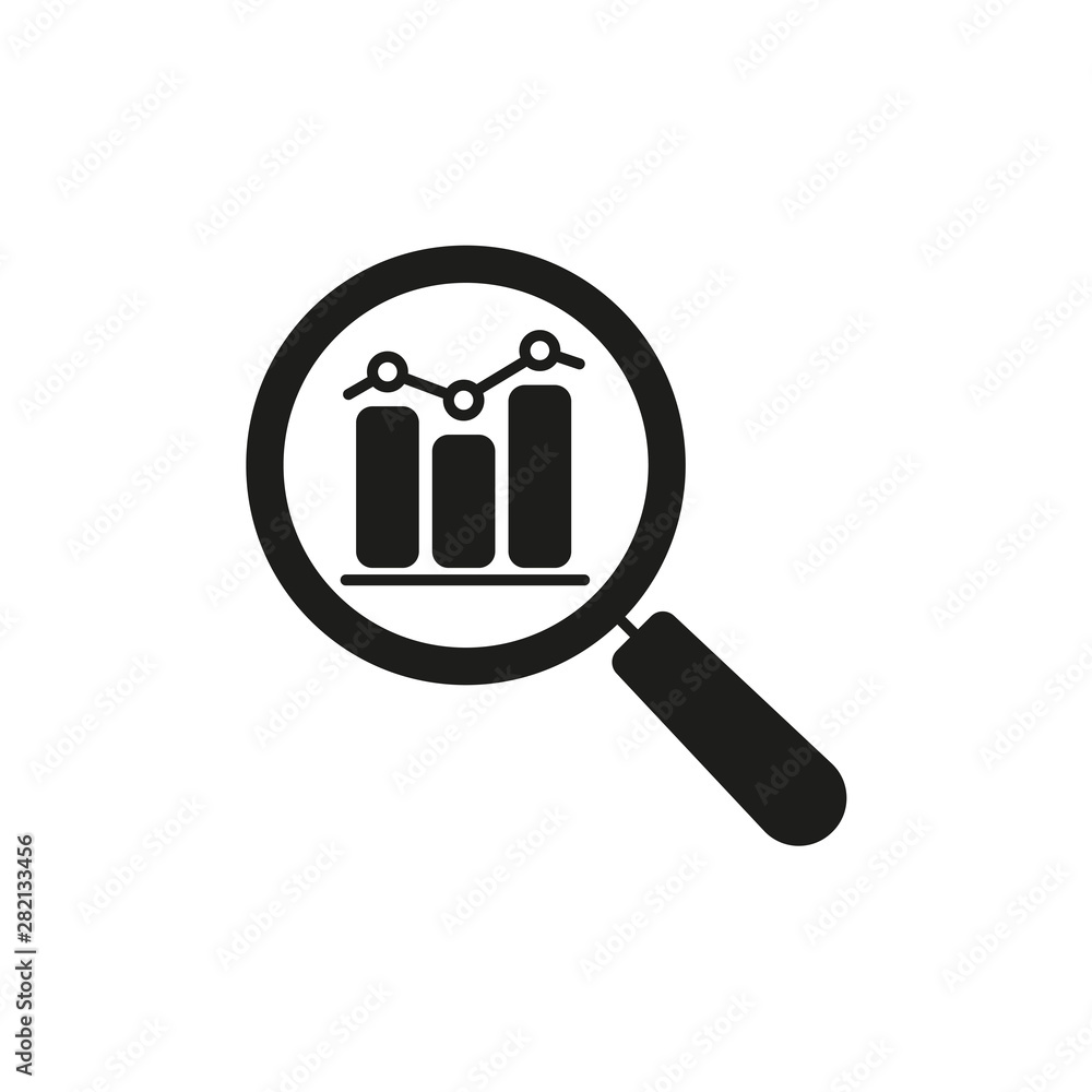 Poster data analysis line icon with business graph or chart with magnifier.