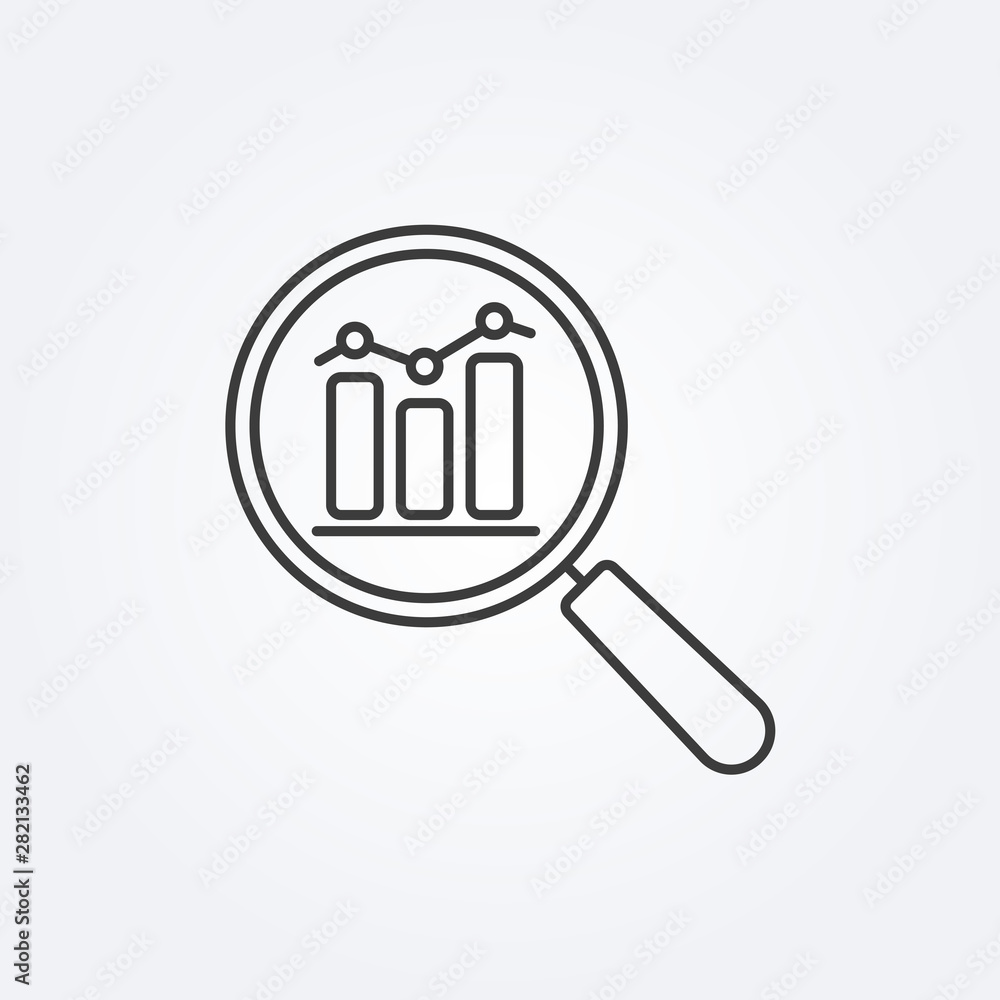 Poster data analysis line icon with business graph or chart with magnifier.