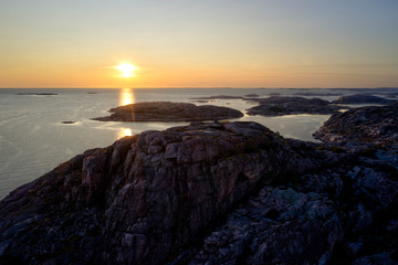 Aerial view of a beautiful sunset at Ulebergshamn in Hunnebostrand, Sweden