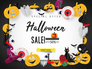 Hallowen Sale vector illustration with pumpkin head. Halloween special offer.