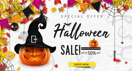 Hallowen Sale vector illustration with pumpkin head. Halloween special offer.
