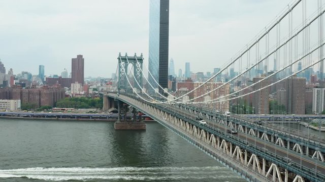 Manhattan Bridge, sightseeing of Manhattan, aerial shooting of New York on drone. 